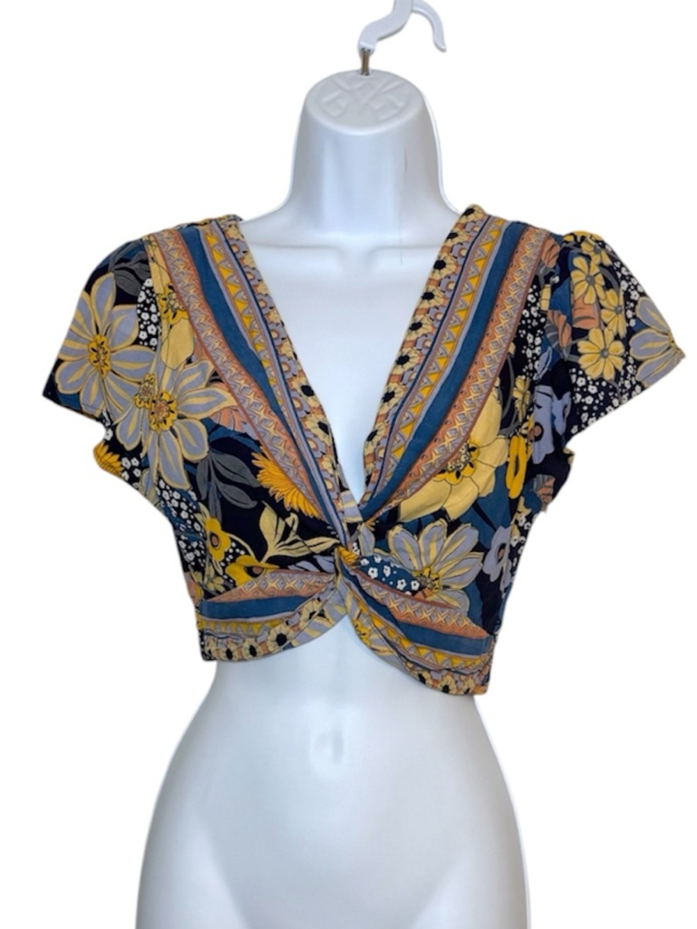 Angie Floral Boho Crop Top Twist Front Deep V Neck Short Sleeve Festival